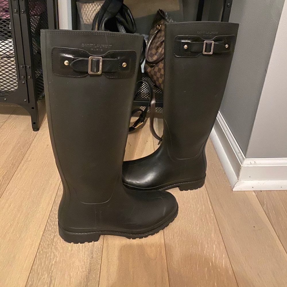 YSL black festival rubber boots